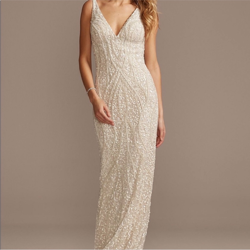David’s Bridal beaded tank v neck maxi wedding dress
